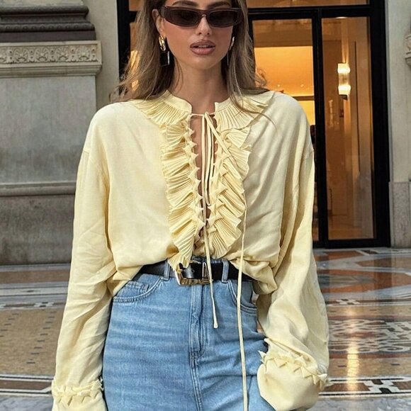 Yellow Casual Women's V-Neck Long Sleeve Blouse with Lace-Up Details - Picture 5 of 11